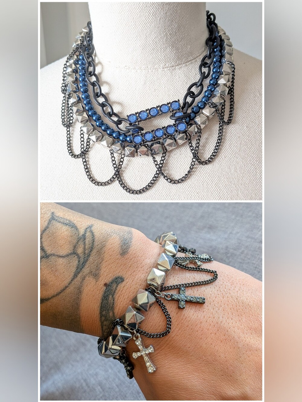 Y2K GUESS Gothic Punk Statement Set Studded Layered Necklace Cross Bracelet
